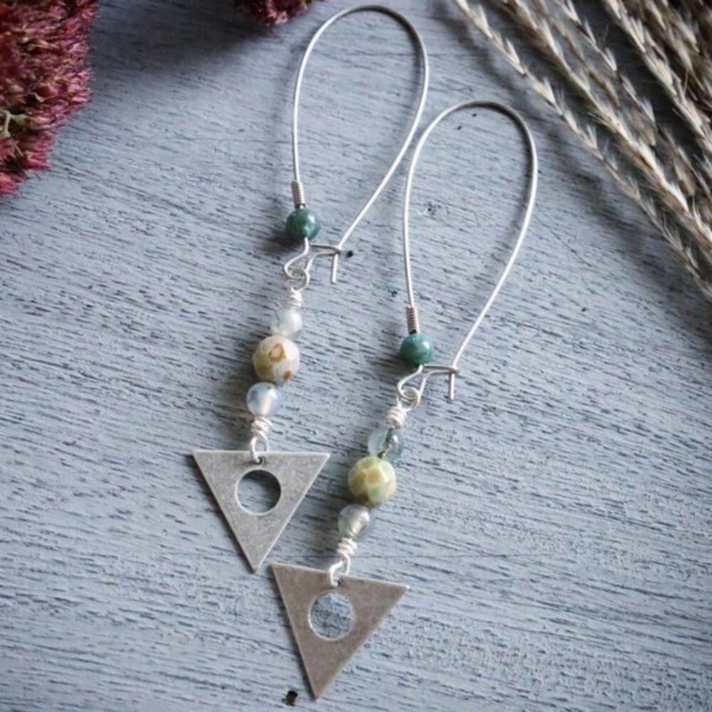Silver Triangle Geometric Earrings with Beads Handmade